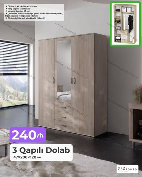 3 qapılı geyim dolabı Ölçülər: D 47 H 200 E 120 sm (47×200×120 — Bakı