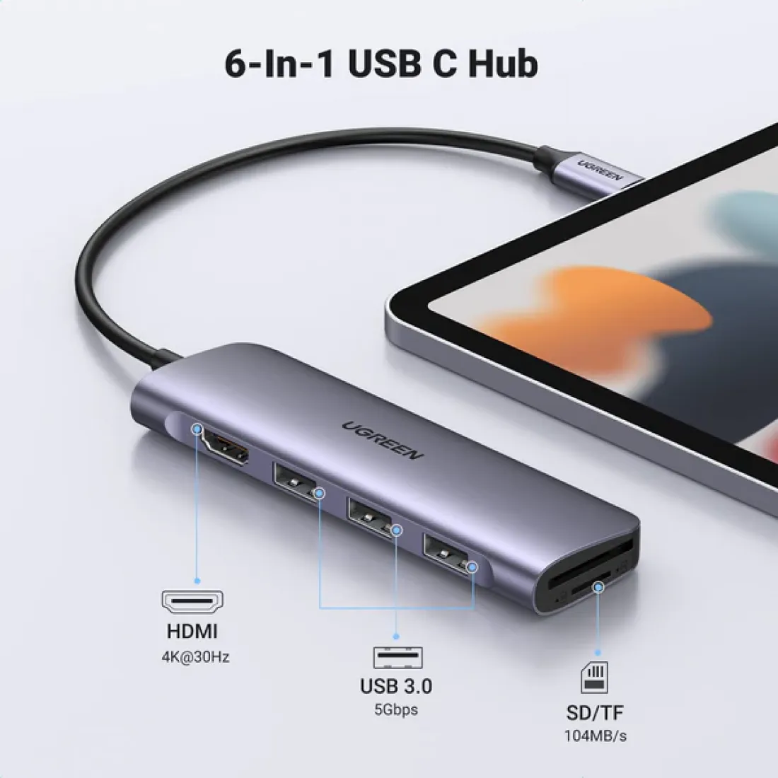 Görüntü ötürücü Ugreen 6 in 1 USB C Hub — Kabelləri, adapterlər və keçidçilər, Bakı (5)
