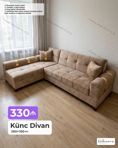 Künc Divan – 260×160 sm - Mexanizm: açılan, bazalı (yataq funksiyalı — 330 ₼ · Bakı · Divanlər Künc Divan – 260×160 sm - Mexanizm: açılan, bazalı (yataq funksiyalı — Bakı