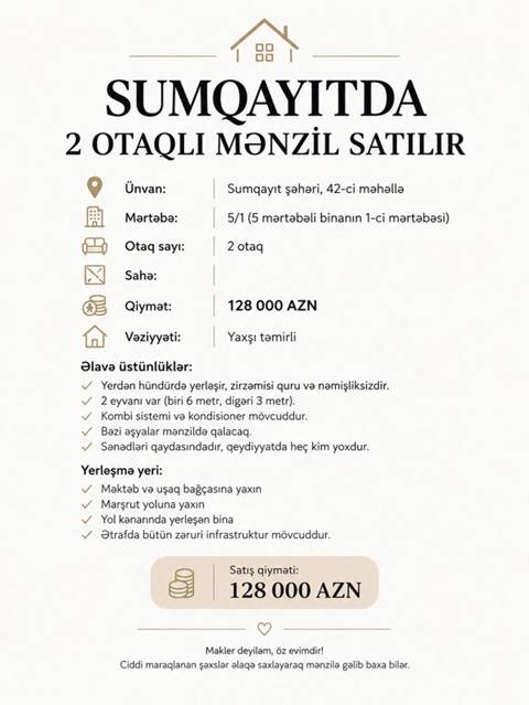 Sumqayıtda 2 otaqlı mənzil satılır — 128 000 AZN Ünvan: Sumqayıt — Sumqayıt