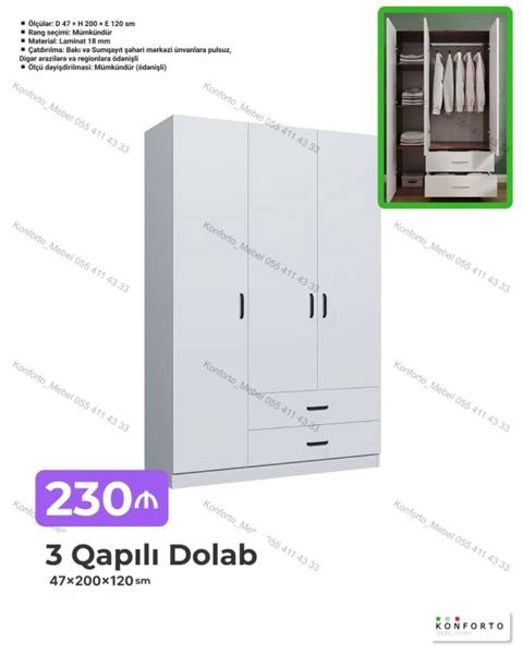 3 qapılı dolab – 47×200×120 sm Xüsusiyyətlər: - Material: 18 mm — Эмерек
