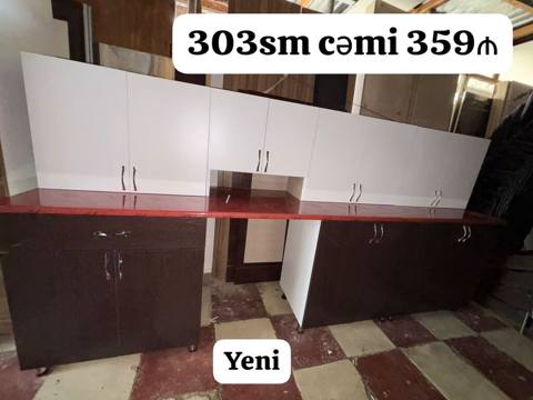 Yeni mətbəx mebeli — ölçü 303 sm. - Üst şkaflar: ağ rəngli, çoxsaylı — Bakı