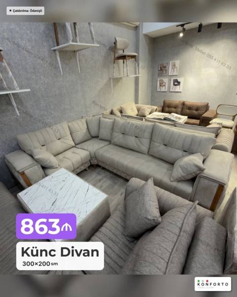 Künc divan – 300×200 sm - Möhkəm L‑şəkilli konstruksiya, geniş oturma — Bakı
