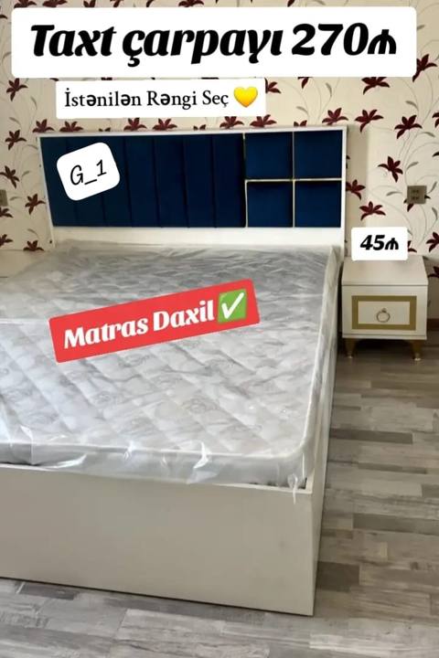 Taxt çarpayı – 270₼ - Matras daxildir - Başlıq: ağ korpus, tünd mavi — Уктоочу бөлмө эмереги
