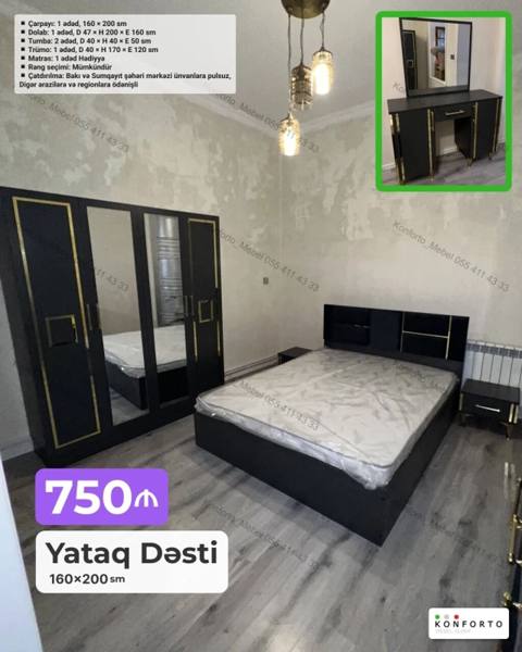 Yataq Dəsti – 160×200 sm Tərkib: - Çarpayı: 1 ədəd, 160×200 sm — Bakı