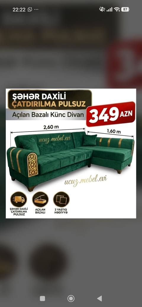 Açılan bazalı künc divan - Ölcülər: uzun hissə 2,60 m, qısa hissə — Bakı