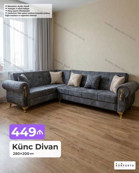 Künc divan – 280×200 sm Xüsusiyyətlər: - Mexanizm: açılan, bazalı — Bakı
