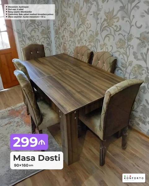 Məhsul: Masa Dəsti (90×160 sm) Xüsusiyyətlər: - Mexanizm: Açılmayan — Stollar va stullar