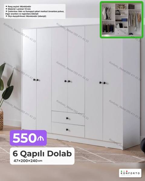 6 qapılı paltar dolabı – 47×200×240 sm - Daxili planlama: asılqan — Эмерек