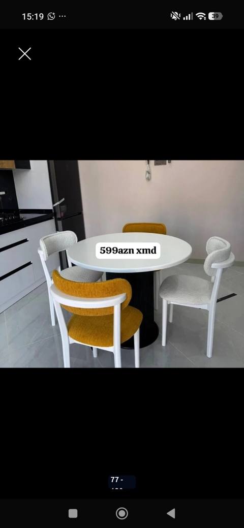 Dəyirmi yemək masası və 4 ədəd stul dəsti - Masa: ağ rəngli, dəyirmi — 599 ₼ · Bakı · Masalar və stullar Dəyirmi yemək masası və 4 ədəd stul dəsti - Masa: ağ rəngli, dəyirmi — Bakı