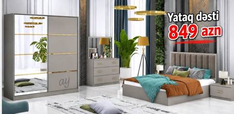 Yataq dəsti – 849 AZN Müasir dizaynlı, boz-qızılı tonlarda tam yataq — Digah
