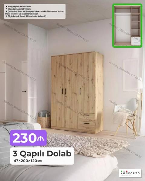 3 qapılı paltar dolabı – 47×200×120 sm - Material: 18 mm laminat — Bakı