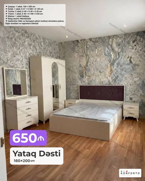 Yataq Dəsti – 160×200 sm Tərkib: - Çarpayı: 1 ədəd, 160×200 sm — Bakı