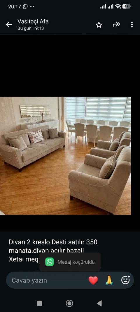 Divan 2 kreslo Desti satılır 350 manata.divan açılır bazali Xetai — 350 ₼ · Bakı · Yumşaq mobilya dəstləri Divan 2 kreslo Desti satılır 350 manata.divan açılır bazali Xetai — Bakı