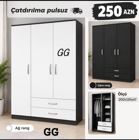 3 qapılı geyim şkafı - Rənglər: ağ və qara - Ölçü: 200 x 120 x 47 sm — Мебель