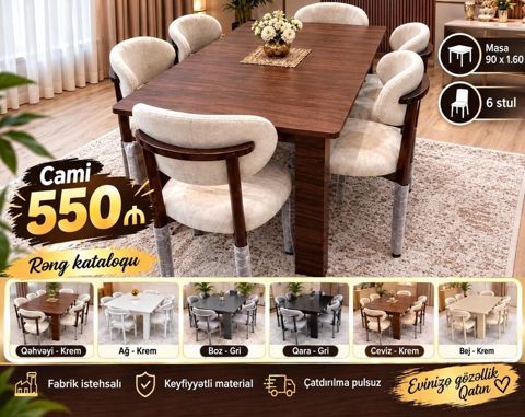 Yemək otağı üçün masa və 6 stuldan ibarət dəst. Xüsusiyyətlər: - Masa — ucuz.mebel — Үстелдер және орындықтар