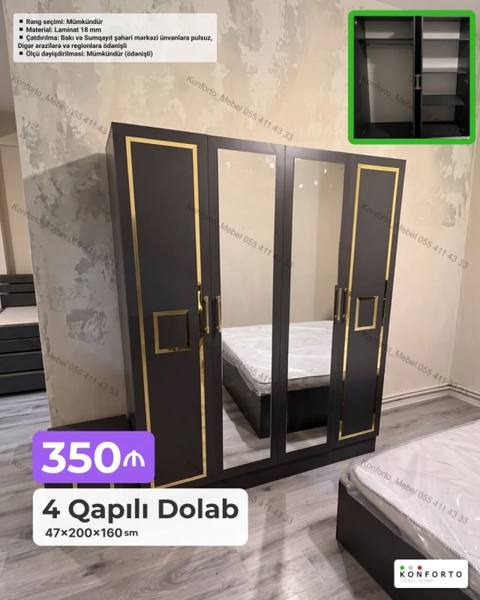 4 qapılı dolab – 47×200×160 sm - Dizayn: Tünd rəng korpus, qızılı — Bakı