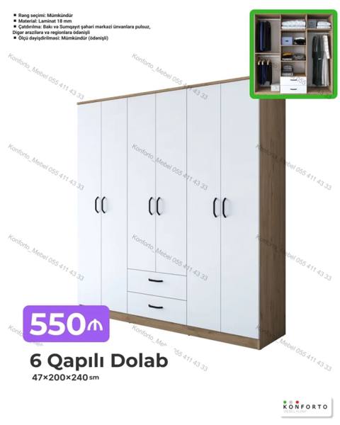6 qapılı paltar dolabı – 47×200×240 sm - Konstruksiya: 6 qapı, 2 ədəd — Bakı