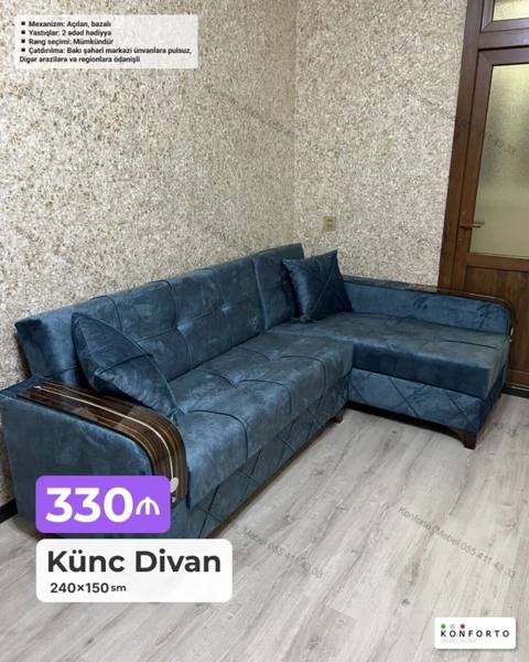 Künc divan – 240×150 sm - Açılan, bazalı mexanizm: gündəlik istirahət — Bakı