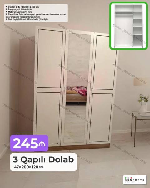 3 qapılı paltar dolabı - Ölçülər: 47 200 120 sm - Material: 18 mm — Эмерек