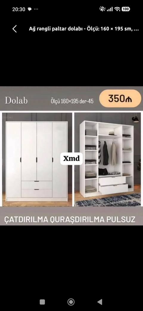 Ağ rəngli paltar dolabı Ölçü: 160 195 45 sm Qiymət: 350 — Bakı