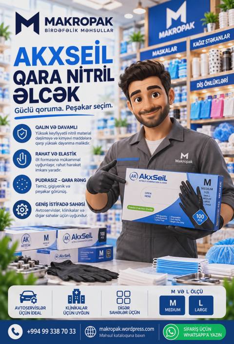 Akxseil qara nitril əlcək 100 ədəd — Barat Alizadeh
