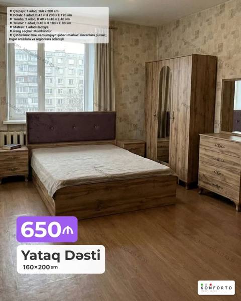 Yataq Dəsti – 160×200 sm Komplekt: - Çarpayı: 1 ədəd, 160×200 sm — Yotoqxona mebeli