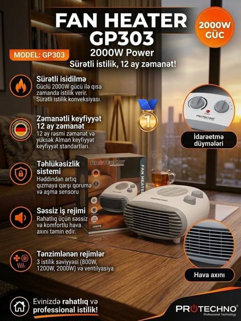 Protechno Fan Heater GP303 – 2000W güc Xüsusiyyətlər: - Sürətli — Bakı