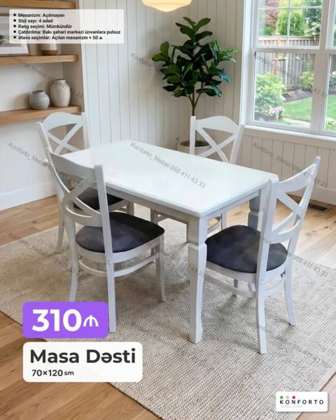 Masa Dəsti – 70×120 sm - Dəst tərkibi: 1 ədəd masa + 4 ədəd stul — Bakı
