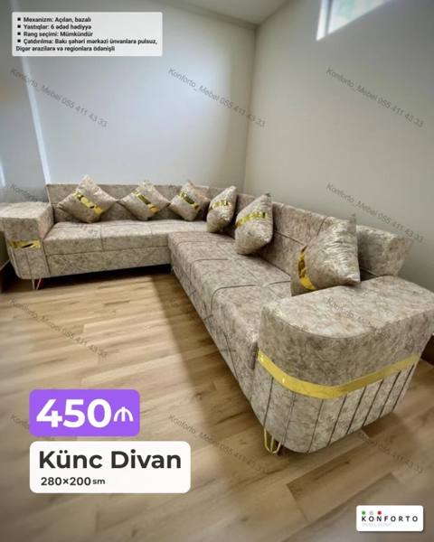 Künc Divan – 280×200 sm - Mexanizm: açılan, bazalı (yataq funksiyalı — Bakı