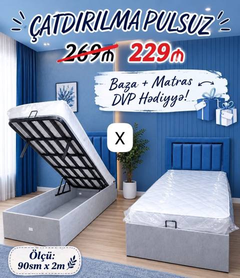 Baza + Matras (DVP hədiyyə) - Ölçü: 90 sm x 2 m - Qaldırılan — Ucuz serfeli Mebel — Жиһаз