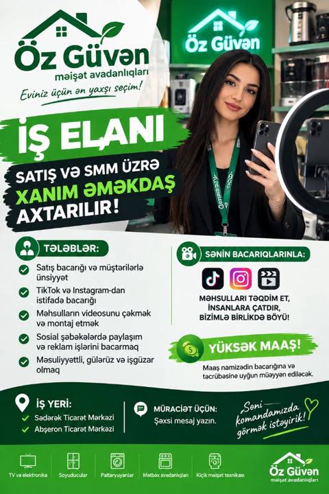 İŞ Elanı – Özgüven Mağazası Özgüven məişət avadanlıqları — 10 001 200 ₼ · Bakı · Digər İŞ Elanı – Özgüven Mağazası Özgüven məişət avadanlıqları — Bakı
