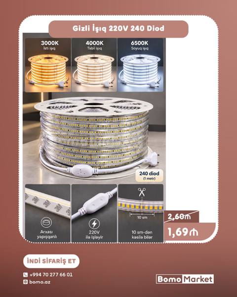 Gizli işıq LED lenti – 220V, metrdə 240 diod. - Rəng temperaturları — 1 ₼ · Баку · LED işıqlandırma Gizli işıq LED lenti – 220V, metrdə 240 diod. - Rəng temperaturları — Баку