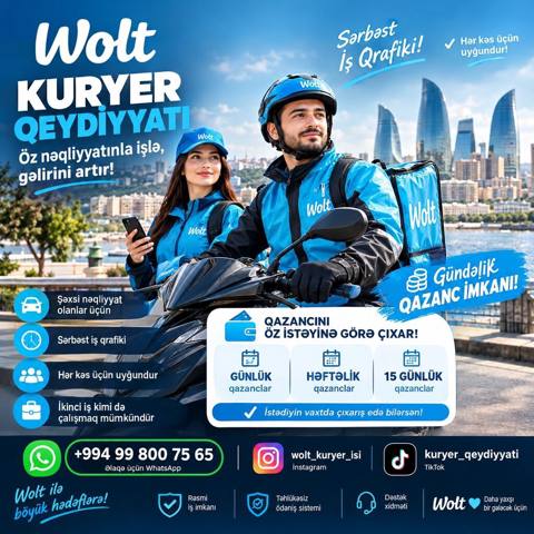 Moto-kuryer tələb olunur, Ayda 2 dəfə ödəniş, Təcrübəsiz — 2 100 ₼ · Bakı · Nəqliyyat, logistika, anbar Moto-kuryer tələb olunur, Ayda 2 dəfə ödəniş, Təcrübəsiz — Bakı