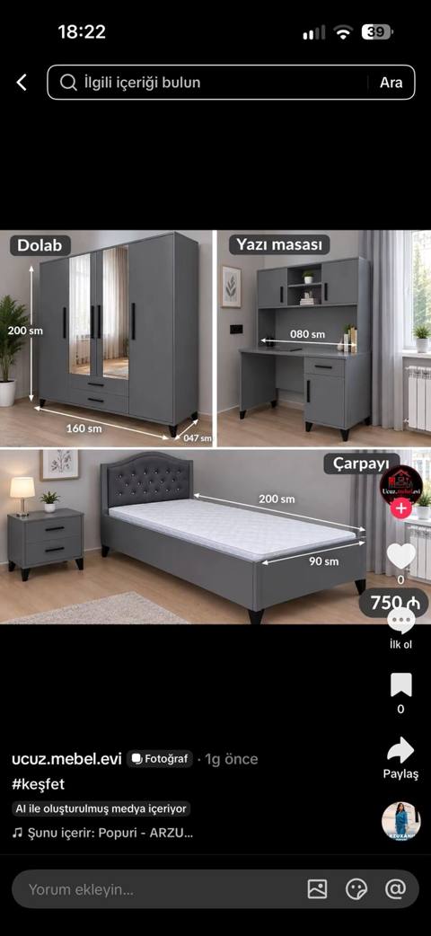 Mebel dəsti – yatacaq otağı üçün modern boz rəngdə komplekt Tərkib — 750 ₼ · Баку · Yataq otağı mobilya dəstləri Mebel dəsti – yatacaq otağı üçün modern boz rəngdə komplekt Tərkib — Баку