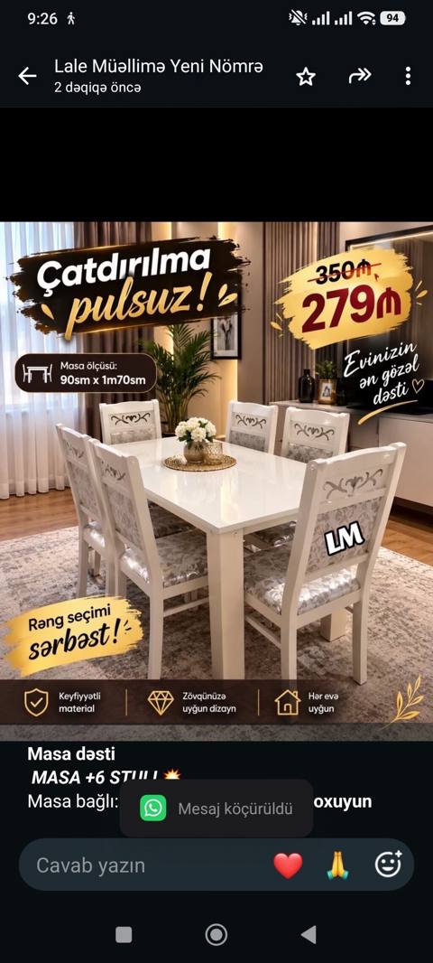 *Masa dəsti* _*Masa +6 Stull Masa bağlı: 90×1. 70:*279₼* — Баку
