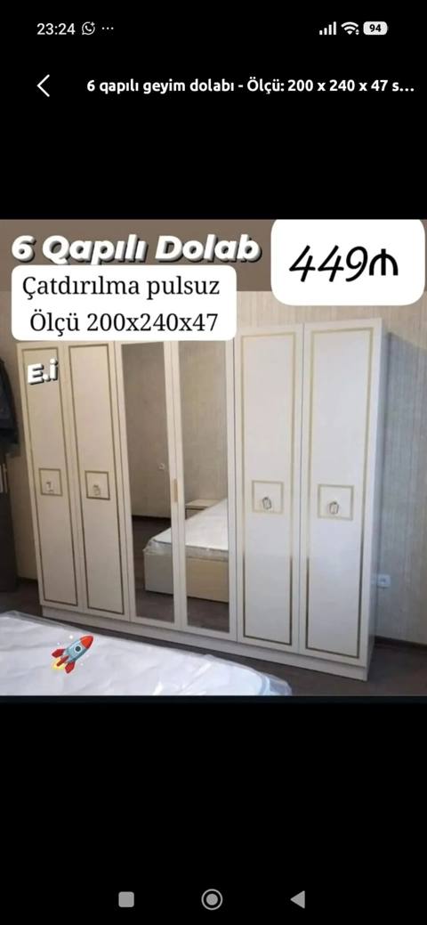 6 qapılı geyim dolabı - Ölçü: 200 x 240 x 47 sm - Rəng: açıq krem — Баку