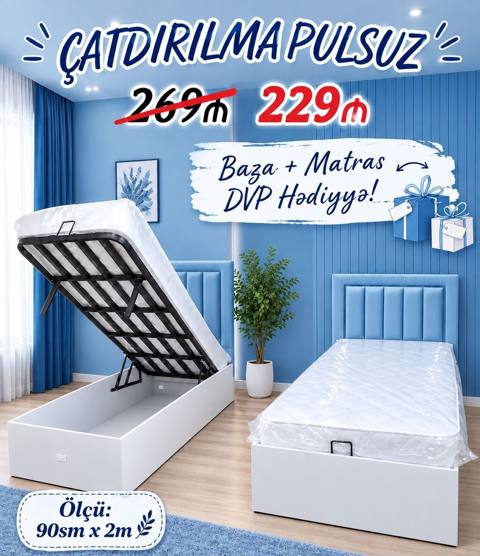 Baza + matras dəsti – ölçü: 90 sm x 2 m - Yuxarıdan açılan mexanizmli — Yotoqxona mebeli