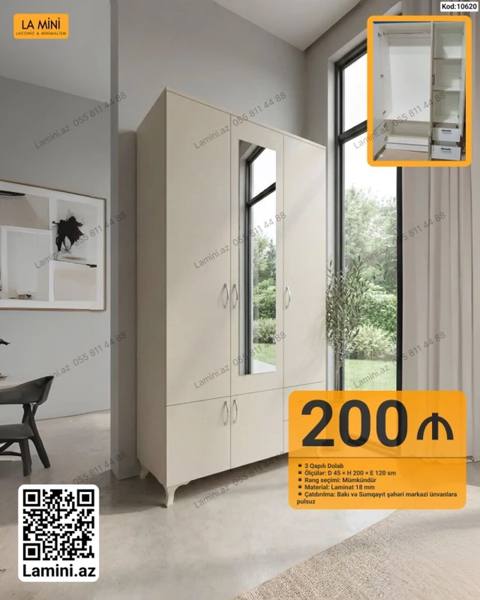 3 qapılı dolab - Ölçülər: Dərinlik 45 sm Hündürlük 200 sm En 120 — 200 ₼ · Bakı, Nərimanov · Şkaflar 3 qapılı dolab - Ölçülər: Dərinlik 45 sm Hündürlük 200 sm En 120 — Bakı