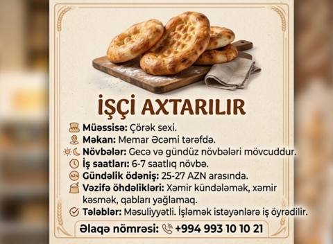 Vakansiya: Çörək sexində işçi - Müəssisə: Çörək sexi - Məkan: Memar — Digah