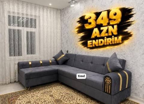 Nur-boz rəngdə L formalı künc divan - Rəng: tünd boz (qızılı dekor — Bakı