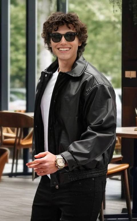 Kişi üçün qara oversize dəri görünümlü gödəkçə - Model: klassik düz — Baku
