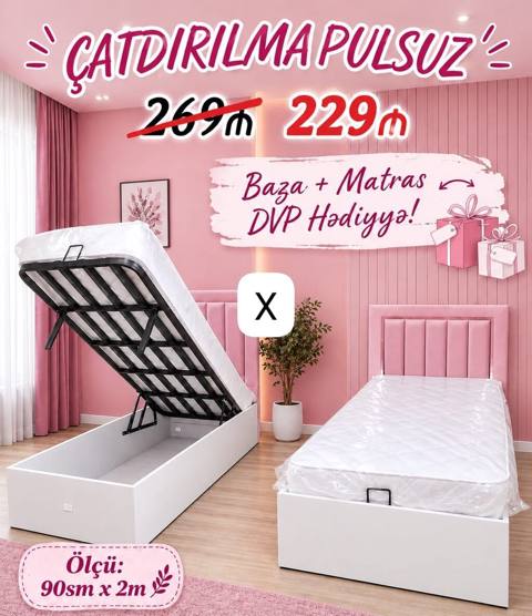 Məhsul: Tək nəfərlik baza + matras dəsti - Ölçü: 90 sm x 2 m — Ucuz serfeli Mebel — Жиһаз