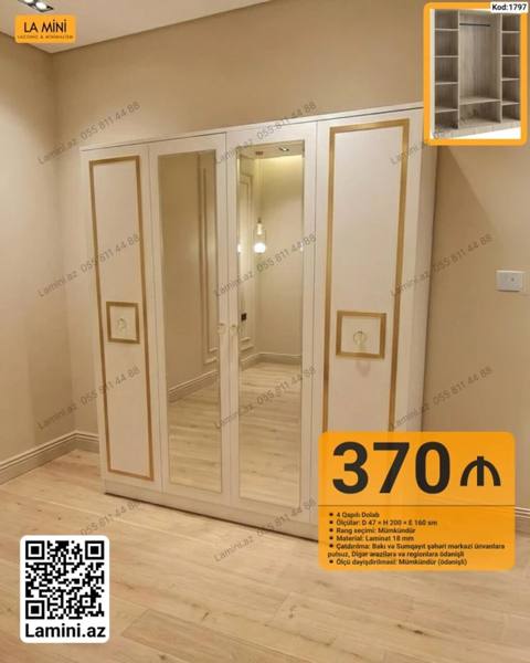 4 qapılı paltar dolabı – Kod: 1797 - Ölçülər: D 47 H 200 E 160 sm — Bakı