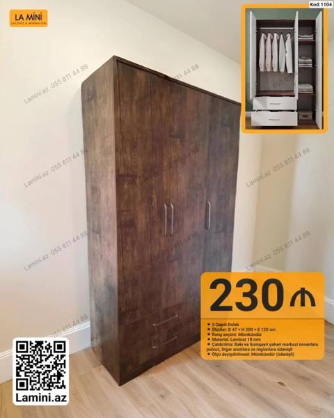 Kod: 1104 3 qapılı dolab - Ölçü: D 47 H 200 E 120 sm - Material — Bakı