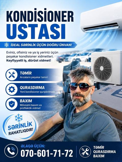 Kondisioner ustası. Bütün növ kondisionerlərin təmiri. Qurulması — 20 ₼ · Bakı · Kondisioner və havalandırma sistemi təmiri Kondisioner ustası. Bütün növ kondisionerlərin təmiri. Qurulması — Bakı