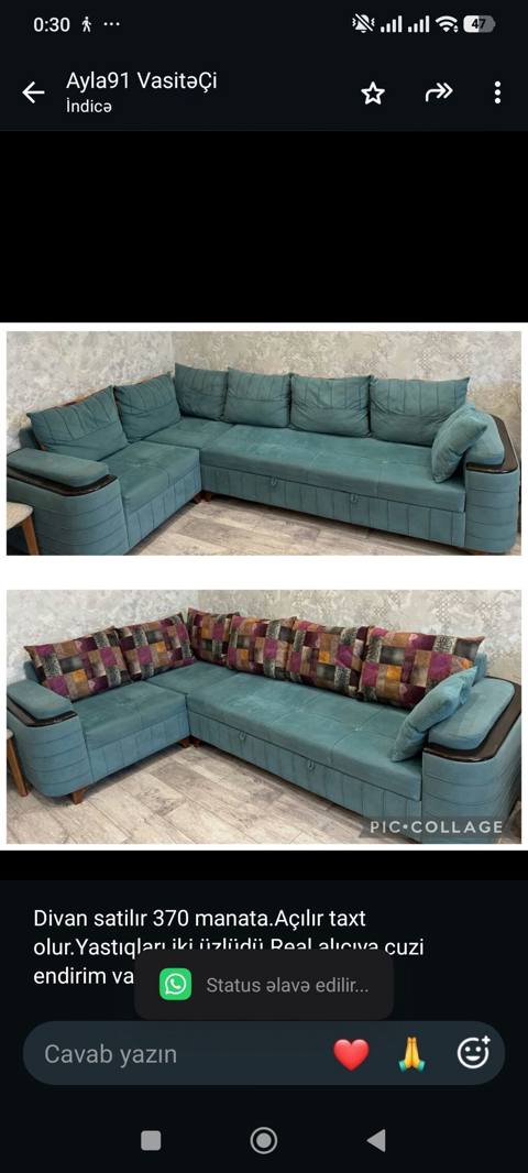 Divan satilır 370 manata.Açılır taxt olur.Yastıqları iki üzlüdü.Real — Bakı