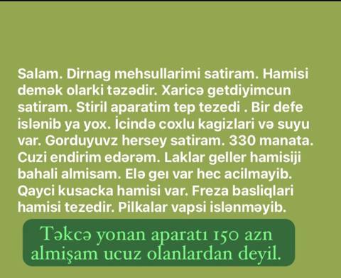 Dırnaq ustaları üçün tam dəst Satılır: peşəkar manikür/pedikür üçün — 330 ₼ · Баку · Dırnaq və ayak qayğısı Dırnaq ustaları üçün tam dəst Satılır: peşəkar manikür/pedikür üçün — Баку