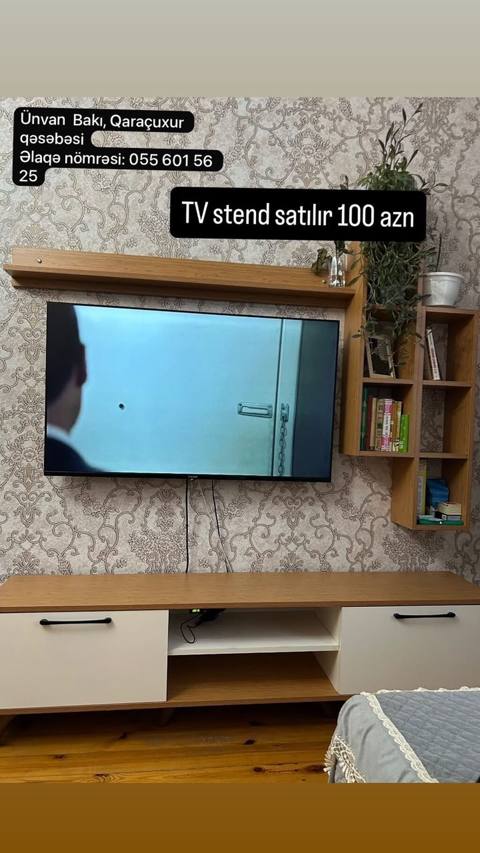 TV stend - Material: ağ və taxta rəngli laminat kombinasyonu — Баку