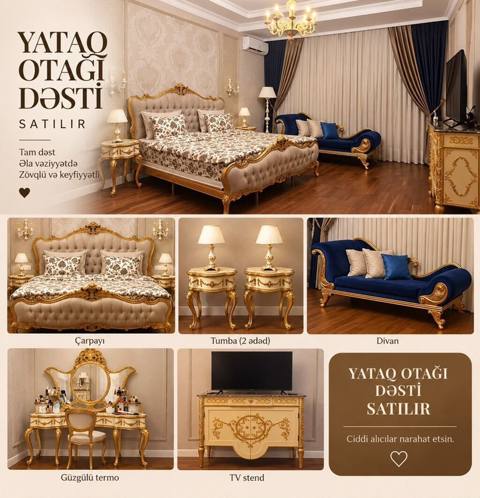 Klassik üslubda, zövqlü dizayna malik tam “Yataq otağı dəsti”. Dəst — Мебель
